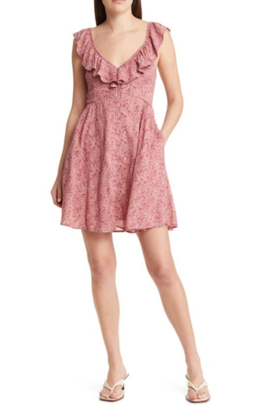 Madewell Dress 4 Pink Floral Ruffle Neck Button-Up Mini Tie Back Straps Pockets
